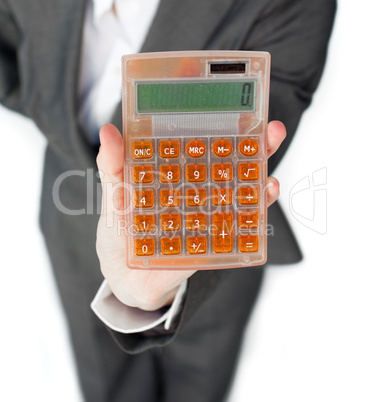 Close-up of a businesswoman holding a calculator