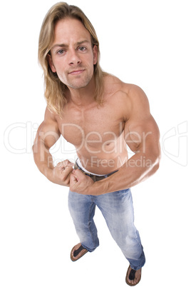 Athletic sexy male body builder with the blonde long hair