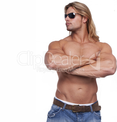 Athletic sexy male body builder with the blonde long hair. gladi