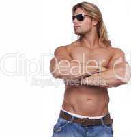 Athletic sexy male body builder with the blonde long hair. gladi