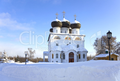 Christian monastery in winter sunny day