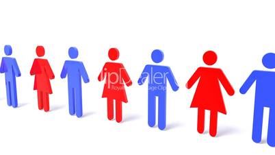 3D woman and man symbol standing in line concept