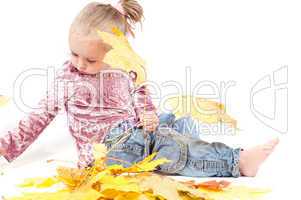 Toddler with maple leaves