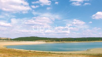 HD Panorama of landscape, lake, sandy beach and forest background