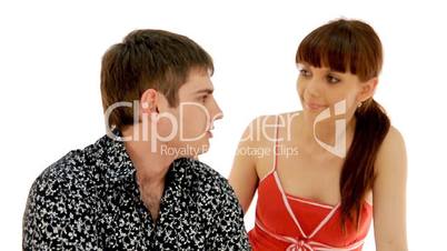 Man and girl use computer on white background