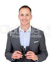 Happy businessman holding binoculars