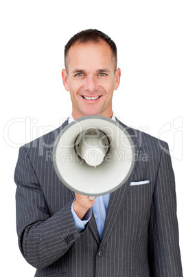 Confident businessman holding a megaphone
