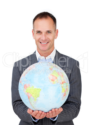 Assertive businessman holding a terreatrial globe