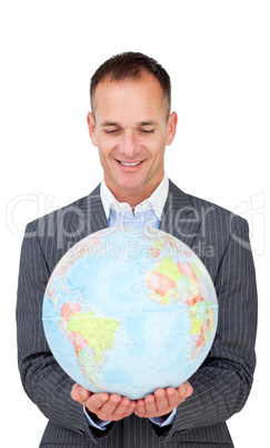 Confident businessman smiling at global business expansion