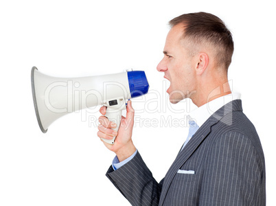 Angry businessman yelling through a megaphone