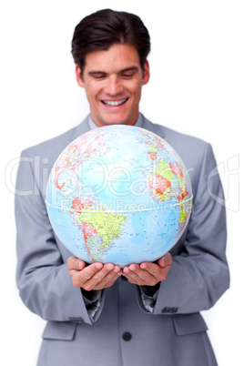 Assertive businessman smiling at global business expansion