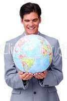 Assertive businessman smiling at global business expansion
