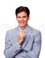 Laughing businessman holding glasses