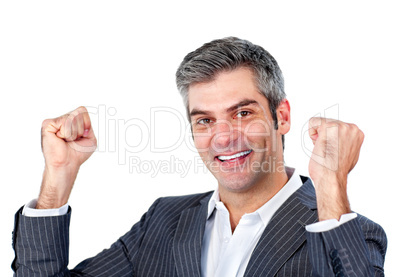 Joyful businessman punching the air in celebration