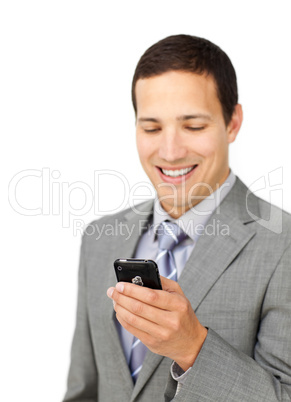 Self-assured male executive using a mobile phone