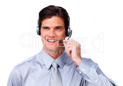 Positive Businessman talking on headset