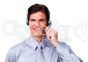 Positive Businessman talking on headset