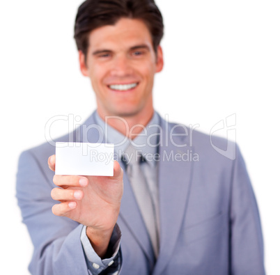 Positive businessman holding a white card