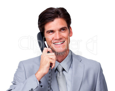 Joyful male executive on phone