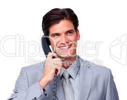 Joyful male executive on phone