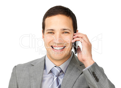 Happy businessman talking on phone