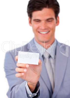 Charming businessman holding a white card