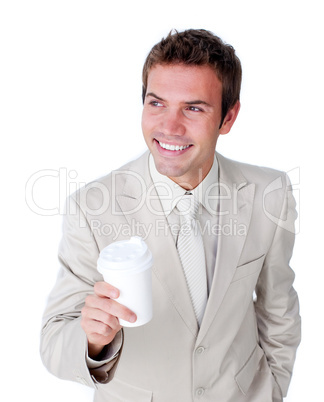 Smiling businessman holding a drinking cup
