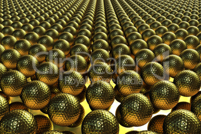 Hundreds of golden golf balls lined up on a mirror