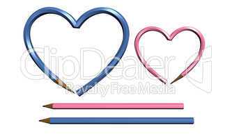 two color pen in heart shape isolated