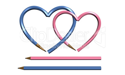 two color pen in heart shape isolated