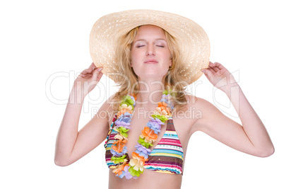 Happy bikini girl with lei