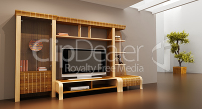 lounge room interior with bookshelf and TV