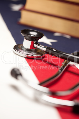 Stethoscope and Books on American Flag