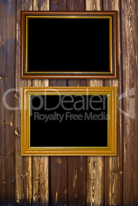 Grunge wood background with vintage gold frame