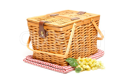Picnic Basket, Grapes and Folded Blanket Isolated