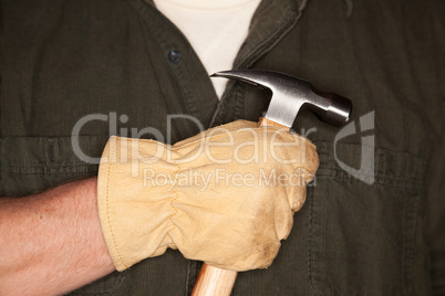 Man with Leather Construction Glove Holding Hammer