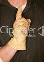 Man with Leather Construction Glove and Number One Gesture