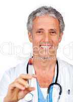 Smiling doctor presenting a syringe