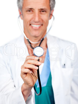 Attractive doctor presenting his stethoscope