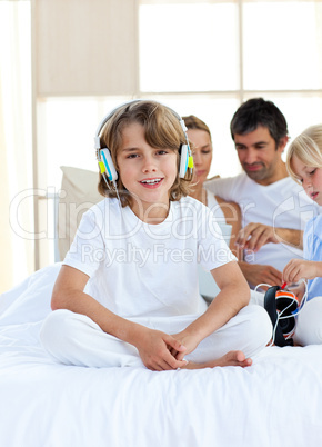 Adorable child listening music