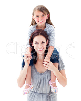 Young mother giving her daughter piggyback ride