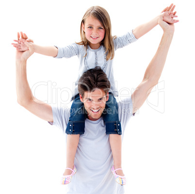 Handsome father giving his daughter piggyback ride