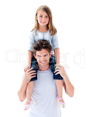 Elegant father giving his daughter piggyback ride