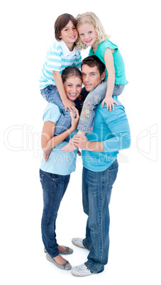 Portrait of family enjoying piggyback ride