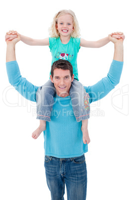 Blond little girl enjoying piggyback ride with her father