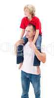 Lively little boy enjoying piggyback ride with his father