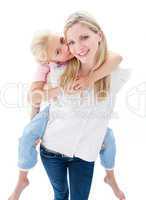 Portrait of little girl enjoying piggyback ride with her mother