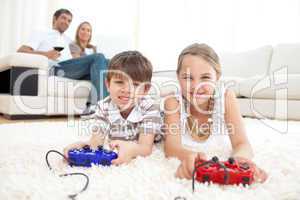 Brother and sister playing video games