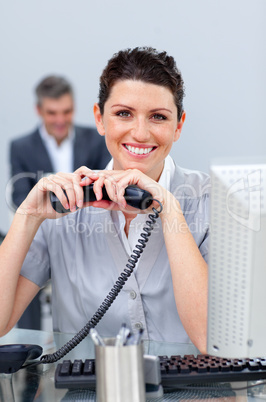 Brunette business woman on phone