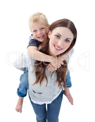 Close-up of brunette mother giving her son piggyback ride